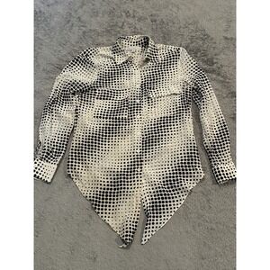 Scilla by Dora Landa Silk Button Up Blouse Womens PXS Petite Black White Dots